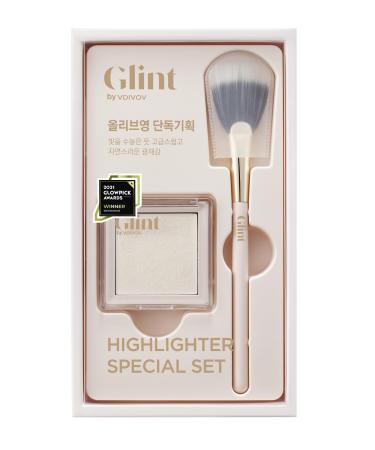 Glint Highlighter Special Set (Milky Moon(Set) 0.08oz + Fan Brush) - Baked Highlighter for Natural Glow. Korean Makeup by LG Beauty. Rich Pigment Silky Touch Shimmer.