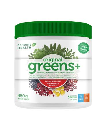 Genuine Health Greens+ Original 50 servings 450g Superfoods antioxidants and polyphenols to nourish and energize your body Mixed berry flavoured powder Dairy and gluten-free Mixed Berry Flavour 450 g (Pack of 1)