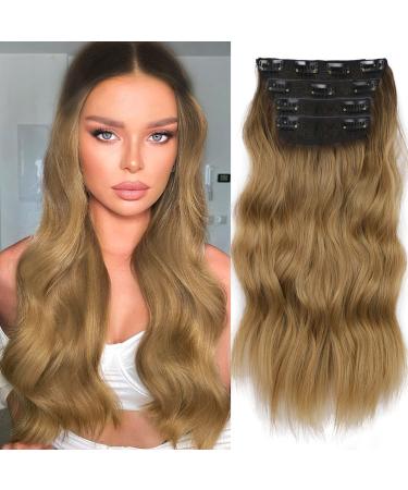 Clip in extensions hair extension braid like real hair cheap hair part extensions synthetic art hair for women long double weft hair part full head 4-Pcs ombre dark blonde 50cm 200g r8/27 ombre light brown
