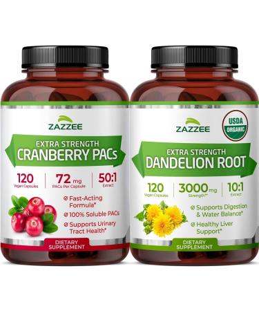Zazzee Urinary Tract Cleanse & Support Bundle | USDA Organic Dandelion Root Extract Plus Super Concentrated Proanthocyanidin Cranberry Extract Capsules for Women | Non-GMO Vegan & ISO Lab Tested