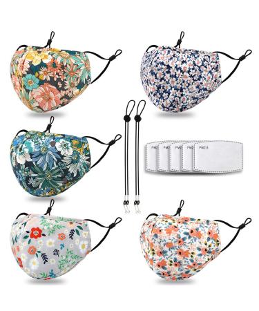 HOMITY Reusable and Washable Face Madk Build-in Nose Wire and Filter Pocket,With 5 Filters,2 Adjustable Lanyards,Breathable Dust Cloth Fabric for Outdoor(5PCS Daisy Print)