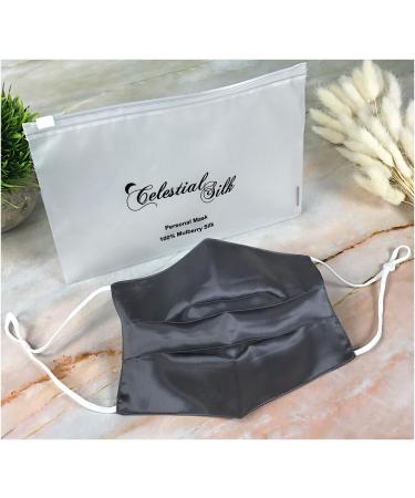 CELESTIAL SILK Face Mask Reusable 100% Mulberry Silk Face Covering Men & Women Pleated Charcoal Gray