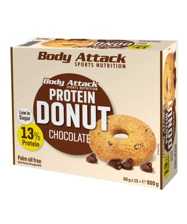 Body Attack Protein Donut Chocolate 15 x 60g 13% protein made of high-quality EGG and Whey Protein palm oil-free vegetarian low-sugar perfect alternative to conventional pastries Chocolate 60 g (15 pack)