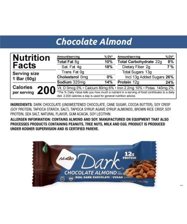 NuGo Dark Chocolate Almond Sea Salt Vegan Protein Bar - 12g Protein, 200 Calories, Gluten Free - 12ct - Buy Online on GoSupps.com