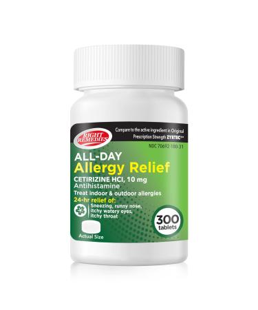 RIGHT REMEDIES 24-Hour Allergy Medicine Antihistamine (300 Tablets) | Cetirizine 10mg | for Pollen Itchy Eyes Sneezing Runny Noses | Compare to The Active Ingredient in Original Strength Zyrtec