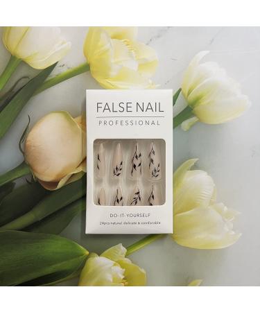 Spring Black Leaf Almond Fake Nails Set - 24Pcs with Nail Glue | Simple Leaves Design for Women and Girls - Buy Online on GoSupps.com