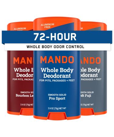 Mando Whole Body Deodorant For Men - Smooth Solid Stick - 72 Hour Odor Control - Aluminum Free Baking Soda Free Skin Safe - 2.6 ounce (Pack of 3) Bourbon Leather Pro Sport Mt Fuji 2.6 Ounce (Pack of 3)