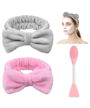 Mosnow 2 pieces spa headband Bowknot hair bands hair band for make -up fleece headband with silicone broods cosmetic headband for washing the face shower yoga sport skin care pink