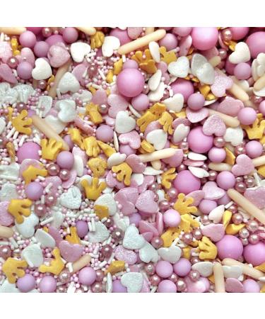 Pink white sprinkles peach beige blush gold crowns hearts chocolate balls princess party theme for cupcake cookies cake toppers pearls metallic 100s and 1000s edible decoration PRETTY PRINCESS
