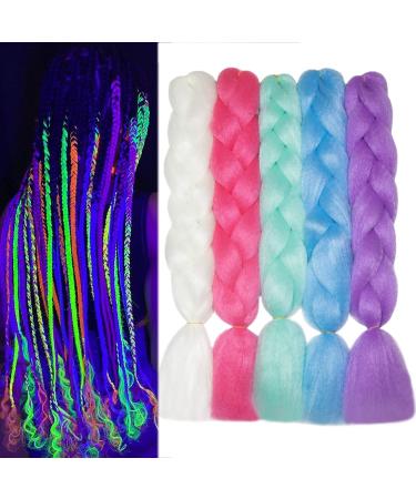 Itsuhair Glowing Braiding Hair Kanekalon Jumbo Braiding Hair Extensions 5Pcs Colorful Luminous Braiding Hair for Box Braids Glow in the Dark Braiding Hair Extensions 24 Inch Color5pcs