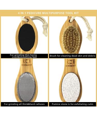 ICDI ICANdOIT Natural Bamboo Foot File Callus Remover - 4 in 1 Feet Pedicure Kit with Bristle Brush, Pumice Stone, Foot Rasp & Sand Paper - Foot Care Essential - Buy Online on GoSupps.com
