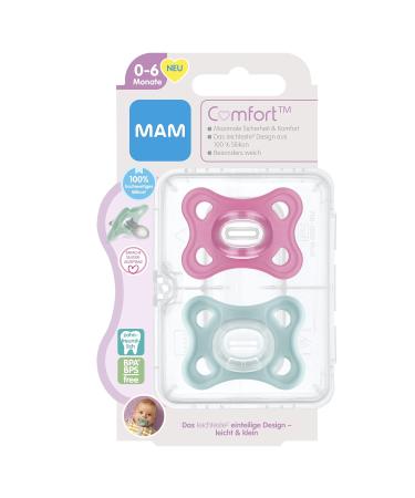 MAM Comfort Schnuller 2 Set - Lightweight Silicone Baby Pacifier for Newborns (0-6 Months) - Soft SkinSoft Design & Pacifier Box - Pink/Mint - Buy Online on GoSupps.com