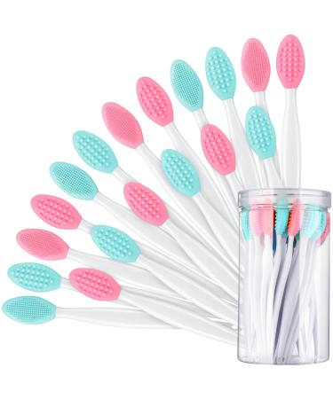 24 Pcs Silicone Exfoliating Lip Brush with Container, Double Sided Silicone Lip Scrubber Soft Cleaning Lip Brush Face Cleaning Applicator for Plump Smoother and Fuller Lip Appearance (Pink, Green) Green,Pink