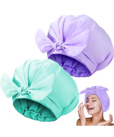 2 Pieces Shower Caps Adjustable Bow-knot Bath Hair Caps Reusable Waterproof Turban Shower Hat Bath Cap for Women Girl Beauty Hair Spa Bathing Home Travel (Cyan, Purple)