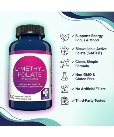 MD Life L-Methylfolate 5 mg Supplement - Professional-Grade Active L Methylfolate Supplement - 120 Capsules - L-Methylfolate 5mg - Maximum Potency MTHFR W/Essential Amino Acids 5mg (Pack of 120) - Buy Online on GoSupps.com
