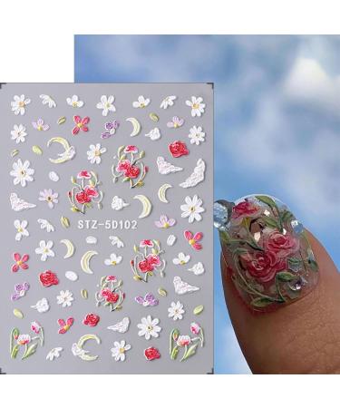 JMEOWIO 3D Embossed Flower Nail Art Stickers Decals Self-Adhesive 5D Spring Summer Colorful White Floral Nail Supplies Nail Art Design Decoration Accessories 4 Sheets - Buy Online on GoSupps.com