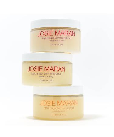 Josie Maran Argan Sugar Body Scrub Trio - 3-Piece Body Care Set - Softens, Smoothes & Hydrates Dry Skin - Includes Scents Sweet Clementine, Peppermint Bark & Sweet Cranberry (3 Count)