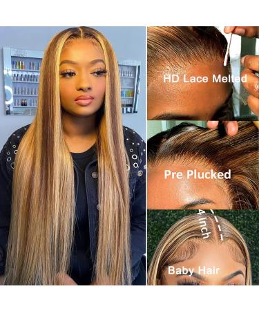 Brennas Ombre Highlight Lace Front Wig for Black Women | Brown Honey Blonde Colored Brazilian Straight Human Hair | 20 Inch 150% Density HD Lace Frontal | Pre Plucked with Baby Hair - Buy Online on GoSupps.com
