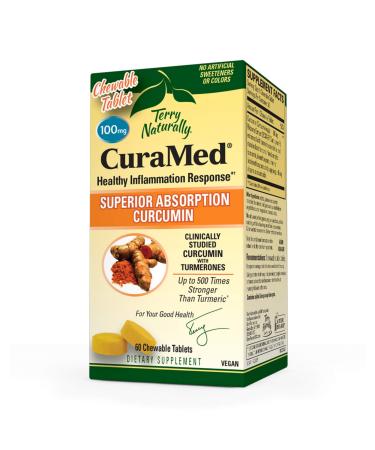 Terry Naturally CuraMed 100mg - 60 Chewable Tablets - Clinically Studied Curcumin + Turmeric Essential Oil - Supports Liver, Brain, Heart & Immune Health - Non-GMO, Vegan - 60 Servings - Buy Online on GoSupps.com