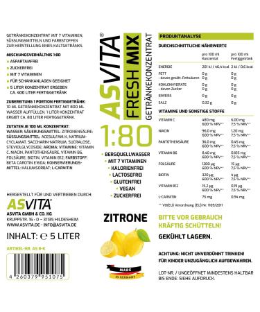 AsVita Fresh Mix 1:80 - Sugar-Free Beverage Concentrate (5L Canister) | 22 Delicious Flavours Including Lemon - International Shipping Available - Buy Online on GoSupps.com