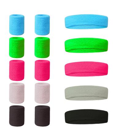 Pinsheng 15 piece of sweat band set 80s neon welding band wristwear sports elastic with 10 pieces of bracelets for women's basketball tennis gym carnival (5 color)
