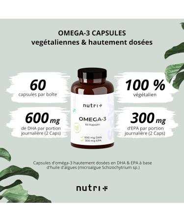 Nutri+ Omega 3 Vegan - 600mg DHA + 300mg EPA - 1100mg Essential Fatty Acids O3 Seaweed Oil - Highly Dosed - Vegan & Vegetarian - No Fish Oil Beef & Gelatin - Buy Online on GoSupps.com