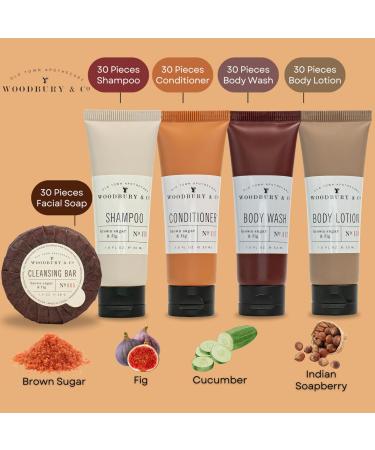 Woodbury & Co Travel Size Toiletries Set | Shampoo Conditioner Body Wash Lotion & Soap (150 PK 1 oz) | Bulk Mini Hygiene Kits for Airbnb & Guest Bathrooms - Sulfate Free - Buy Online on GoSupps.com
