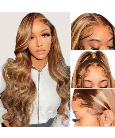 XNJ Highlight Ombre Lace Front Wig Human Hair 5/27 Colored Body Wave Honey Blonde Lace Frontal Wigs 13x4 HD Transparent Lace Frontal Wigs Pre Plucked with Baby Hair Human Hair Wigs for Women 150% Density 22 inch 22 Inch ...