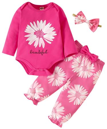 Koonde Baby Girl Clothes Newborn to 24 Months 3-piece Baby Girl Outfits Romper Trouser & Headband 0-3 Months Bright Pink