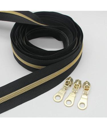Leekayer 5 Gold Metallic Nylon Coil Zippers by The Yard - 10 Yards Black Tape with 25pcs Gold Sliders - DIY Sewing, Tailor Craft Bag - Black & Gold - Buy Online on GoSupps.com