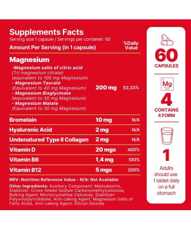 anocin 4X Magnesium Complex 200 mg + Magnesium Glycinate + Citrate + B12 High Absorption + Taurate + Malate + Bromelain+Collagen (Type II)+Hyaluronic Acid+Heart Muscle+Joint Support 60-Day - Buy Online on GoSupps.com