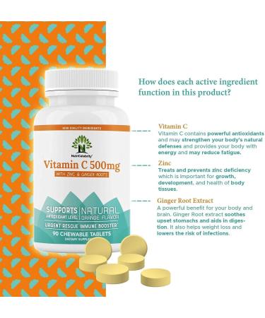 Nutricelebrity Vitamin C Chewable Tablets 500mg with Zinc & Ginger - Orange Flavor - Vegan Friendly - Non-GMO - 90 Tablets - Buy Online on GoSupps.com