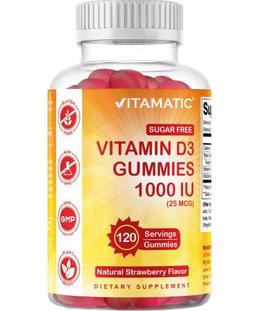 Vitamatic Sugar Free Vitamin D3 1000 IU - 120 Pectin Based Gummies - Great Taste - Healthy Bones Mood & Immune System Function - Non-GMO - 120 Servings