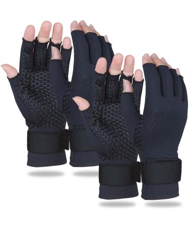 2 Pairs Copper Arthritis Gloves, Compression Gloves with Wrist Strap for Hand Pain, Carpal Tunnel, RSI, Fit Women Men Large / x-Large Black