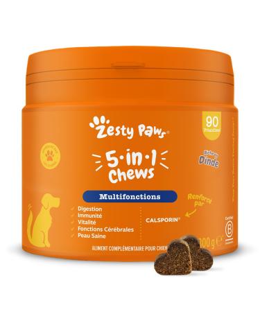 Zesty Paws 5-in-1 Multi-Functional - Dog Supplement in Treat Form - Complete Multivitamin Care - Calsporin, Biotin - 90 Count (Turkey)