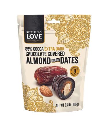 Kitchen & Love Chocolate Covered Almond Stuffed Dates, 3.5 oz Resealable Pouch, 8 Individually Wrapped Pieces, 85% Extra Dark Chocolate, Healthy Snack, Almond Snack, Medjool Dates (Pack of 1)