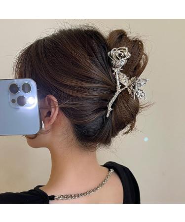Metal Rose Flower Claw Clip - Non-Slip Large Headdress for Women and Girls - Silver Hair Claw for Thick Hair - Hair Accessories for Styling - Buy Online on GoSupps.com