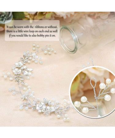 Handcess Flower Wedding Hair Vines Silver Pearls Crystal Headpieces Leaves Rhinestone Bridal Hair Accessoreies for Women and Girls - Buy Online on GoSupps.com