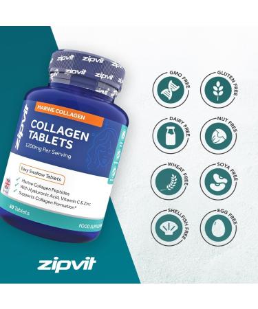Zipvit Marine Collagen 1200mg Tablets with Hyaluronic Acid Vitamin C and Zinc. High Strength Type 1 Collagen for Men and Women Supports Hair Skin and Nails 60 Tablets 1 Month Supply Collagen Tablets - 60 Pack - Buy Online on GoSupps.com