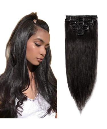 Clip in Extensions Real Hair Hair Extension Hairpiece 8 Wefts Light Heat Resistant Straight Natural Black #1B 22"(56cm)-75g