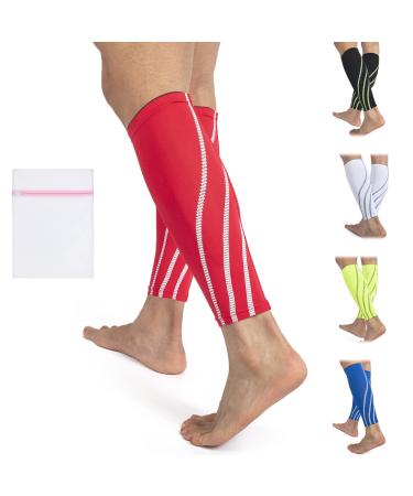 360 RELIEF Compression Calf Sleeves - for Men and Women Sports | Shin Splints Torn Muscle Cramps Workout Circulation Running Hiking Marathon | M L XL with Mesh Laundry Bag | Red M-1PAIR