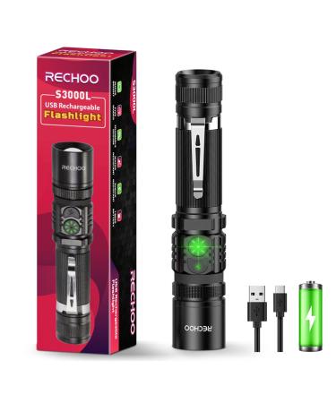 RECHOO Flashlight USB Rechargeable Double Switch S3000L LED Tactical Flashlight High Lumens Super Bright 5 Modes Zoomable Waterproof Flashlight for Camping, Emergency (Battery Included) 1-pack