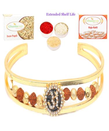 Ghasitaram Gifts Rakhi for Brother Rakhis Online - Set of 2 The Powerful OM Rudrakash BraceletRakhi with 200 GMS of Kaju katli and 200 GMS of Soan Papdi 2 Rakhi with 200 GMS of Kaju katli and Soan Papdi