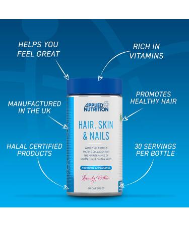 Applied Nutrition Hair Skin Nails Supplement - 10000 mcg Biotin & Marine Collagen for Healthy Growth (60 Capsules) - Buy Online on GoSupps.com