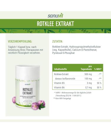 Sanuvit Red Clover Extract 500 mg - High Dose 100 mg Isoflavones | Vegan High Bioavailability | Quality from Austria | 120 Capsules - Buy Online on GoSupps.com