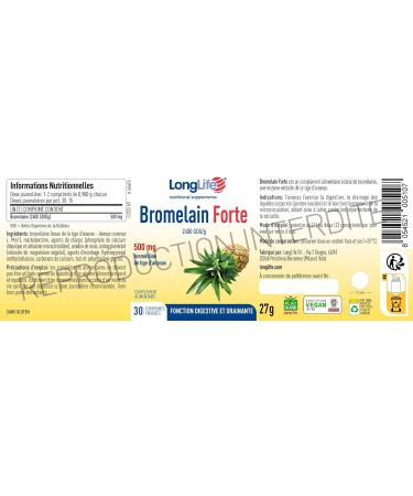 LongLife Bromelain Forte | Haute concentration 2400 GDU/g | Brom la ne issue de la tige d ananas | Drainage jambes et digestion | Haute teneur en enzymes | 30 comprim s enrob s | Sans gluten et v gan - Buy Online on GoSupps.com
