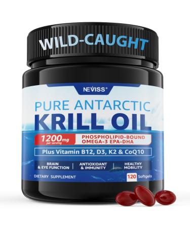 Antarctic Krill Oil 1200 mg Omega 3 Supplement, Omega 3 Krill Oil Softgels w/EPA, DHA, Astaxanthin & Phospholipids for Brain & Antioxidant, Sustainably Sourced, No Fishy Aftertaste, 120 Softgels 120 Count (Pack of 1)