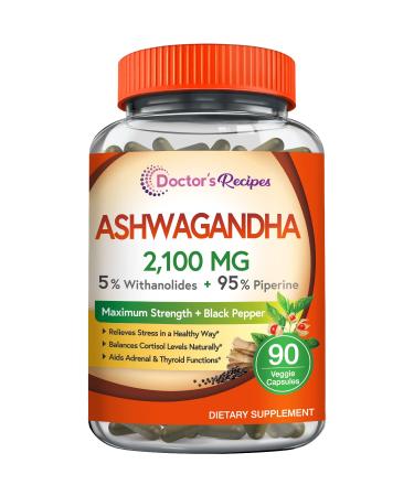 Doctors Recipes Ashwagandha, 2100 MG, Organic Ashwagandha Root Extract, Std. 5% Withanolides 105MG, Natural Stress Relief, Mood Support, with Black Pepper Extract, Non-GMO, 90 Veggie Capsules 90 Count (Pack of 1)