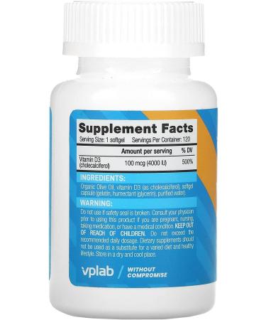 Vplab Vitamin D3 4000 IU - 120 Softgels for Immune & Bone Health - Buy Online on GoSupps.com