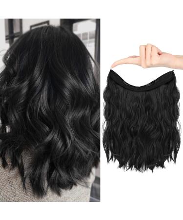 HOOJIH Invisible Wire Hair Extensions 2 Ways Adjustable Headband Size Curly Wavy Invisible Short Wire Hairpiece 12 Inch 90 Gram for Women -Black 12 Inch (Loose Wave) Black